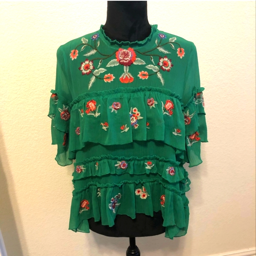 Zara floral embroidered chiffon top